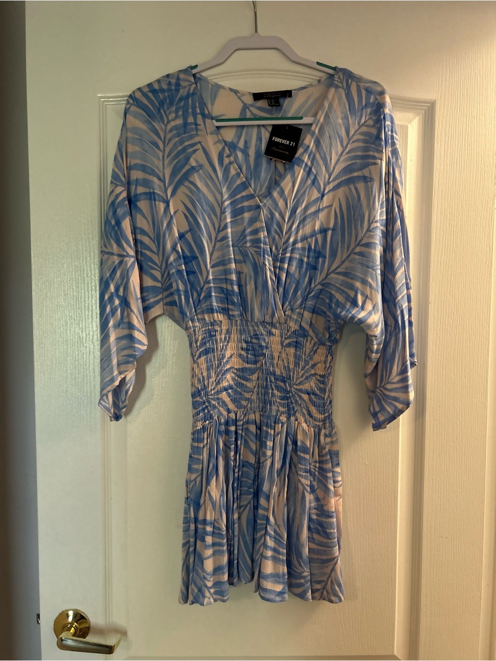 Forever 21 Blue and White Palm-Print Smocked Waist Mini Dress